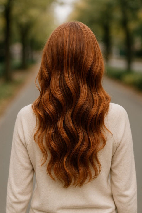 Back view of a person with long wavy copper-red hair standing on a blurred tree-lined path