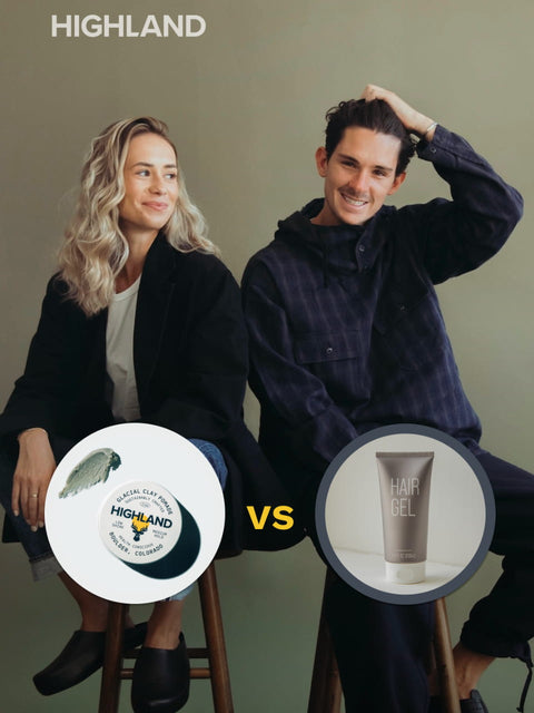 Two people seated; product circles show HIGHLAND, GLACIAL CLAY POMADE, BOULDER COLORADO, and HAIR GEL with VS
