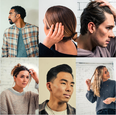 Six vertical panels of diverse individuals highlighting different hair styles and textures