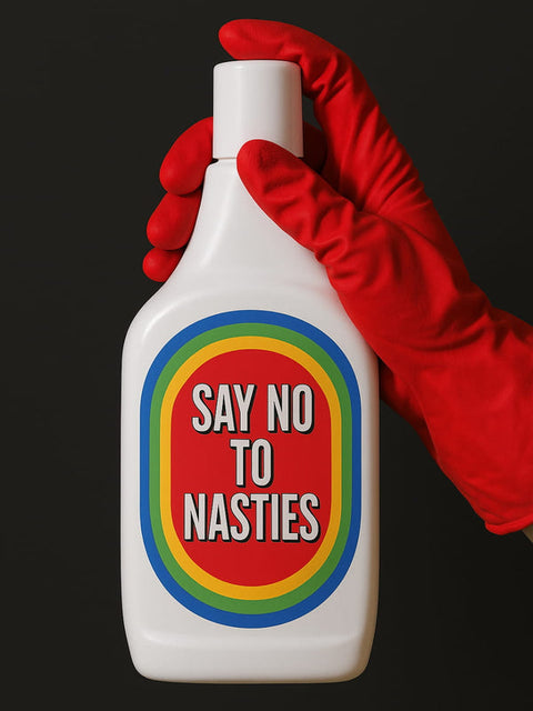 White bottle labeled "SAY NO TO NASTIES" held by a hand in a red glove against a dark background