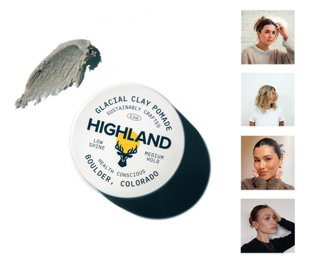 HIGHLAND tin: GLACIAL CLAY POMADE SUSTAINABLY CRAFTED 2.1oz — LOW SHINE, MEDIUM HOLD, HEALTH CONSCIOUS, BOULDER COLORADO