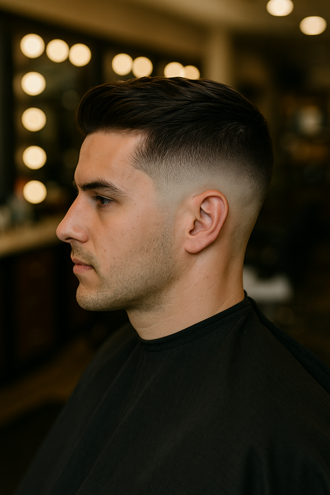 Side profile of a man with a low taper fade and textured top sitting in a barbershop.
