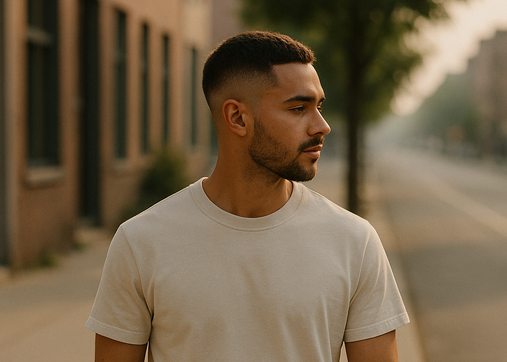 A man with a subtle low taper fade, walking causally