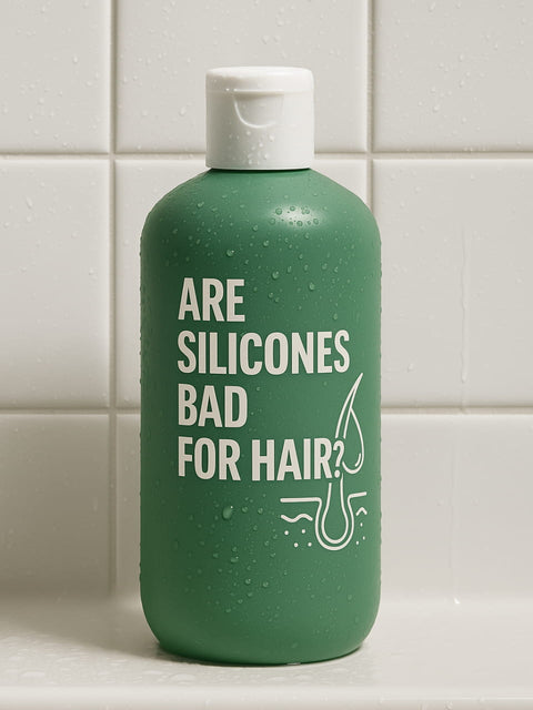 Shampoo bottle with a label saying are silicones bad for hair