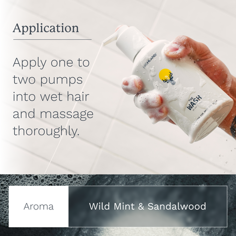 Hand holding soapy pump bottle labeled THE WASH HIGHLAND; Aroma Wild Mint & Sandalwood.