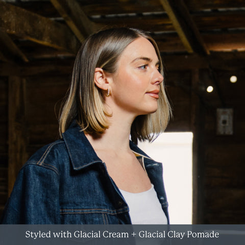Woman in profile with short blonde bob and denim jacket; caption reads Styled with Glacial Cream + Glacial Clay Pomade