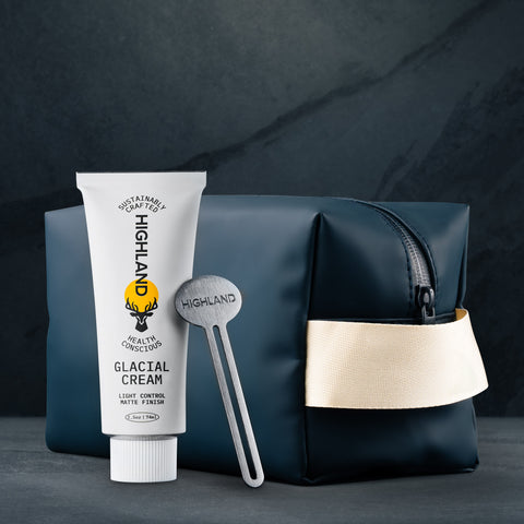 HIGHLAND Glacial Cream tube and dopp kit; SUSTAINABLY CRAFTED HEALTH CONSCIOUS LIGHT CONTROL MATTE FINISH 2.5oz 74ml