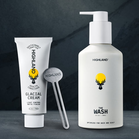 Highland Glacial Cream tube and The Wash pump bottle with tube squeezer