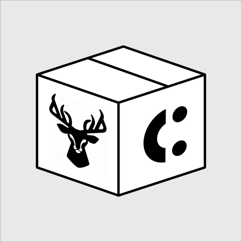 Cardboard box with a deer head silhouette on one face and a stylized colon-shaped logo on another
