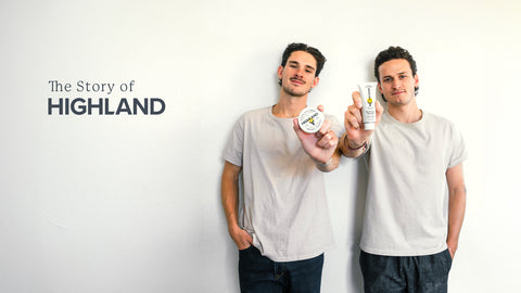 Two men holding Highland skincare products; left text reads 'The Story of HIGHLAND'.
