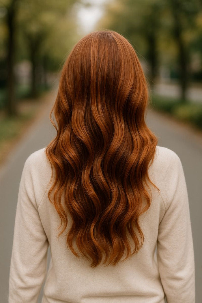Back view of a person with long wavy copper-red hair standing on a blurred tree-lined path