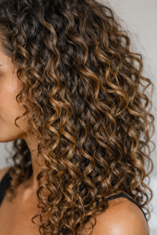 Side profile of a woman with shoulder-length defined brown curly hair against a neutral background