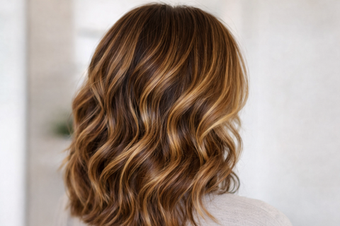 Back view of a woman with shoulder-length brown hair and honey-blonde highlights in loose waves.
