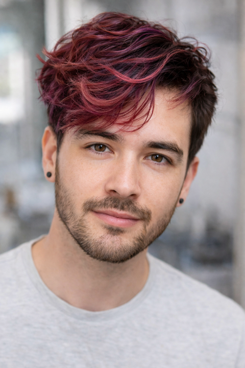 Man with short dark hair and pinkish-red highlights looking at camera in a softly lit salon-style setting