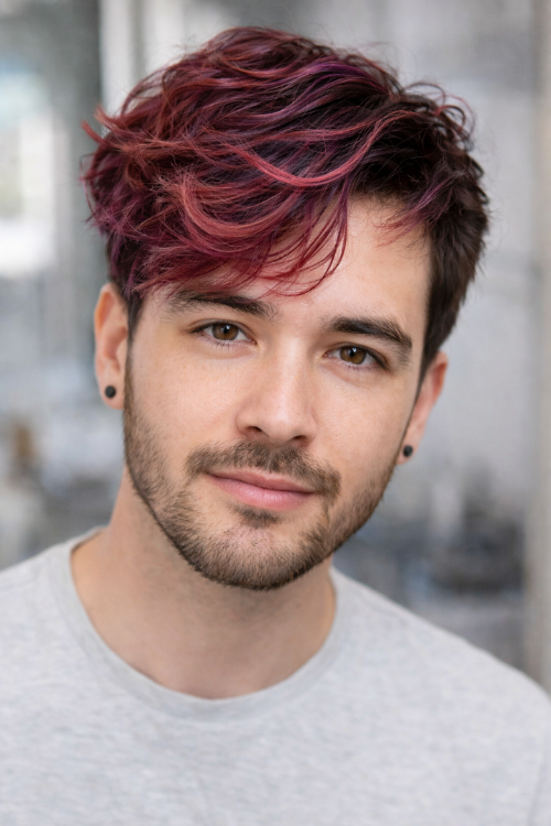 Man with short dark hair and pinkish-red highlights looking at camera in a softly lit salon-style setting