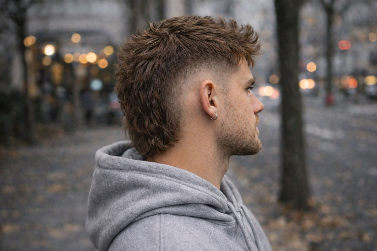 Man in a gray hoodie showing a textured modern mullet with shaved sides in a blurred city park