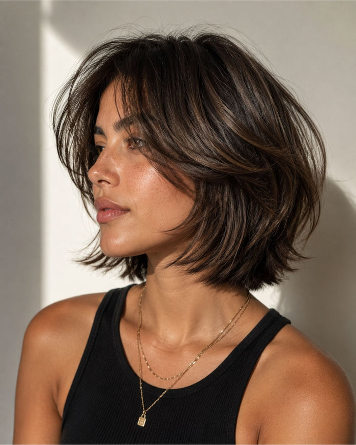 Side-profile of a model showing a dark brown layered bob with face-framing layers and soft, tousled volume against a neutral background