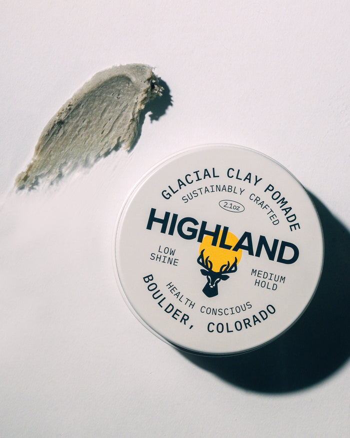 Tin lid: GLACIAL CLAY POMADE SUSTAINABLY CRAFTED 2.1oz HIGHLAND LOW SHINE MEDIUM HOLD HEALTH CONSCIOUS BOULDER, COLORADO