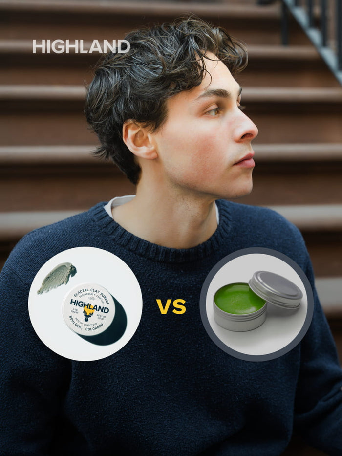 Side-profile young man; packaging labeled HIGHLAND — GLACIAL CLAY POMADE BOULDER COLORADO left, VS right; green hair wax tin.