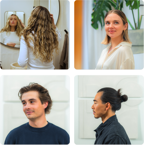 Four portrait shots showing hairstyles: long wavy hair, chin-length bob, brushed-back medium hair, and a man bun.