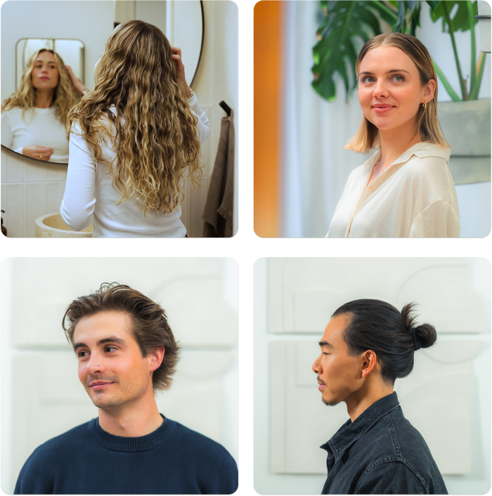 Four portraits: long wavy hair viewed from back, chin‑length bob, short brushed‑back style, and a man with a bun