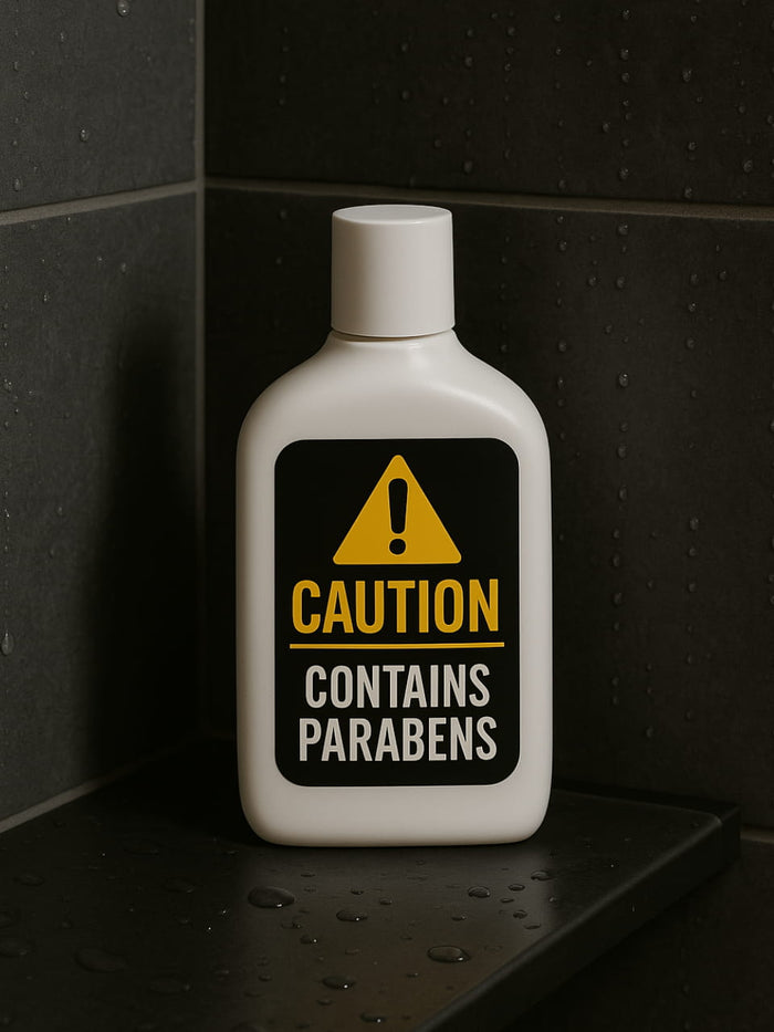 White shampoo bottle on black shower shelf labeled 'CAUTION CONTAINS PARABENS'