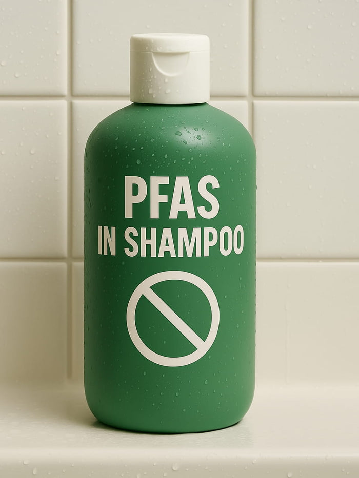Green shampoo bottle on a tiled shower shelf labeled PFAS IN SHAMPOO with a prohibition symbol.