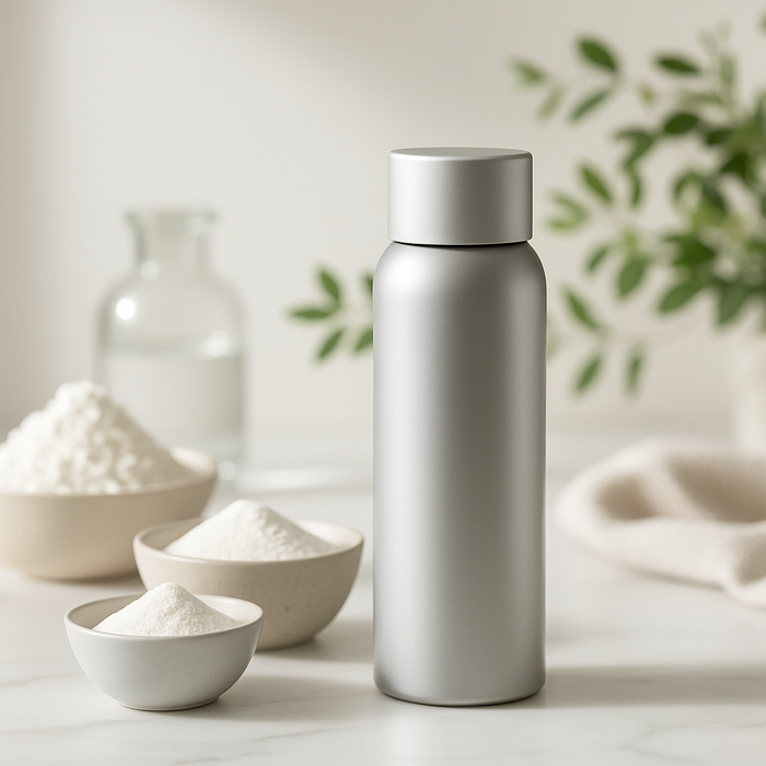 Front view of matte silver dry shampoo bottle with bowls of white powder and a glass bottle on a neutral counter