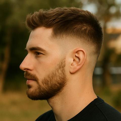 Profile of a man showing a low-low taper fade with textured top and close skin blend, blurred outdoor background