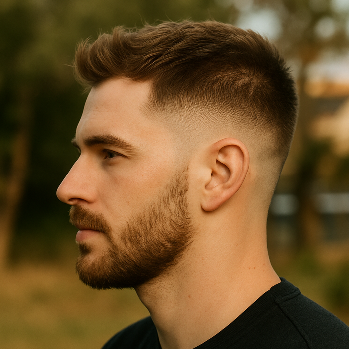 Profile of man with low taper fade haircut and short beard