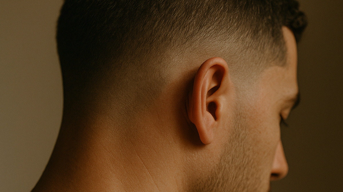 Close-up of a man's head showing a low taper fade blending into short sides against a warm neutral background