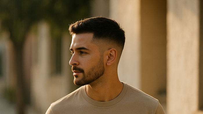 Young man with a low taper fade and trimmed beard looking left on a sunlit residential street