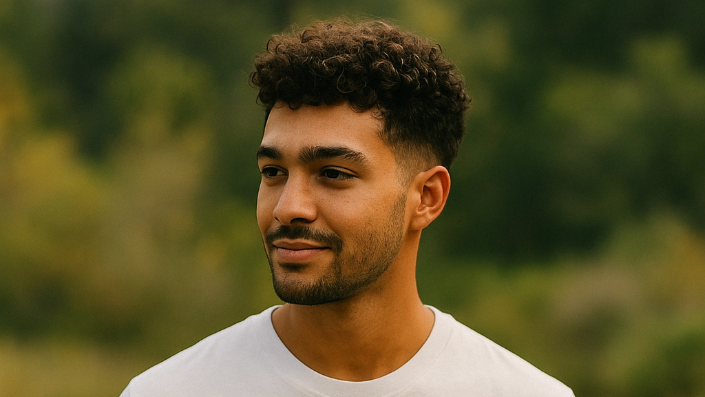 Man with low taper fade and curly hair looking to the right against a blurred green outdoor background