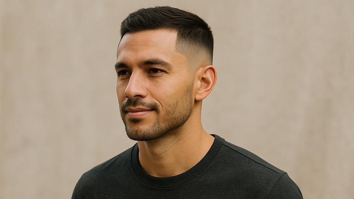 Man with low taper fade: short textured top and tight faded sides, three-quarter profile against neutral background