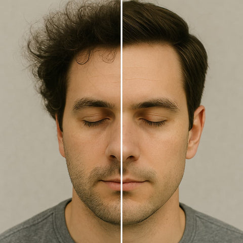 Before and after image of a man with frizzy hair and then not