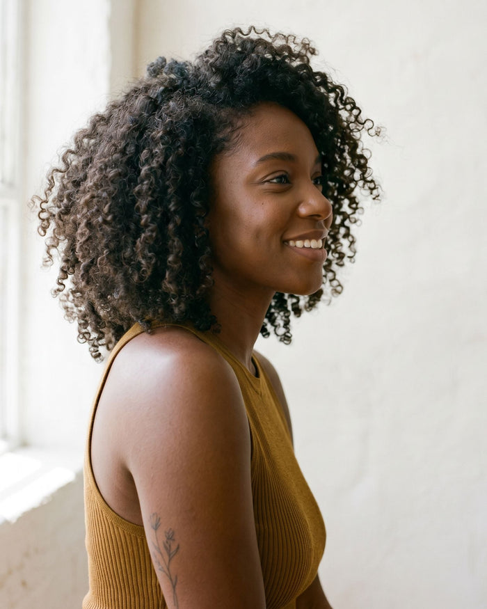 Woman with defined natural Type 3 curls and a small upper-arm tattoo looking away from the camera against a soft neutral background.