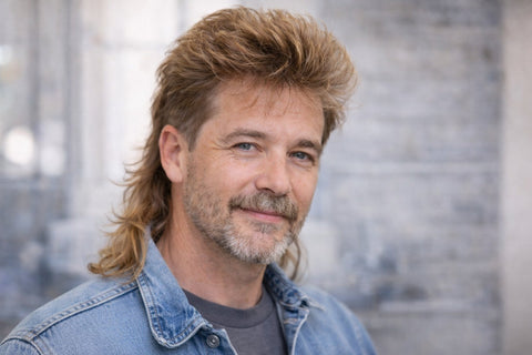 Man looking at the camera with an old school mullet