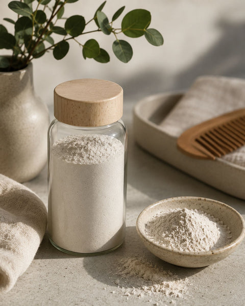 natural dry shampoo in glass bottle and small bowl