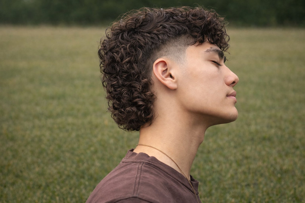 Side profile of a man with a modern perm mullet