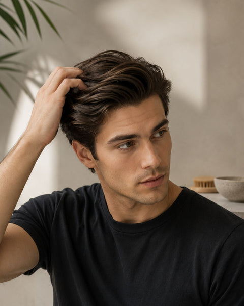 Man running fingers through his straight hair 