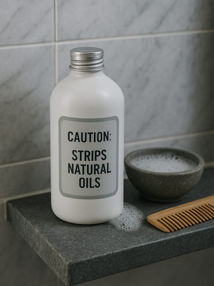 Shampoo bottle in a shower with the label caution strips natural oils