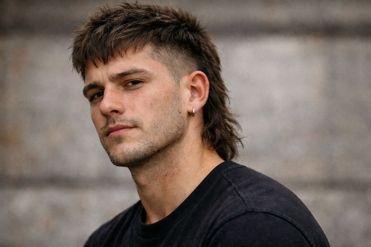 Man with an earring and a taper mullet haircut
