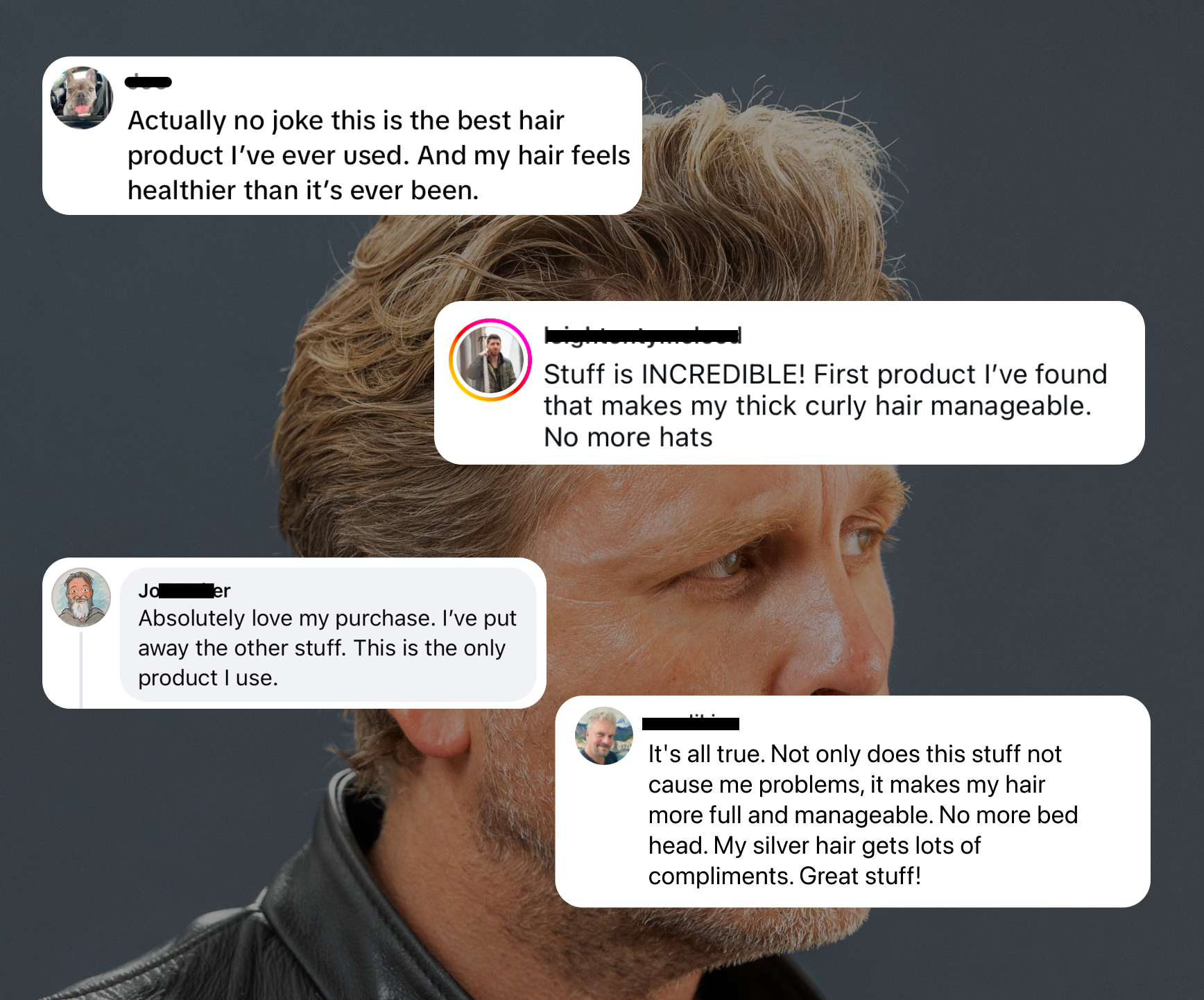 Close-up of brown-haired head with four overlaid customer review bubbles praising a hair product.
