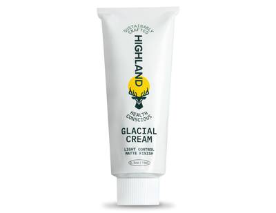 HIGHLAND Glacial Cream tube with deer logo; SUSTAINABLY CRAFTED, HEALTH CONSCIOUS; LIGHT CONTROL MATT FINISH.