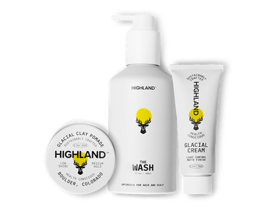 Highland skincare products including a bottle, tube, and round container on a white background