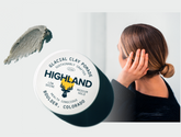 Jar lid labeled HIGHLAND next to a gray clay smear and a woman touching her ear, back view.